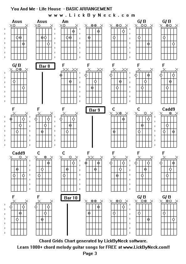 Chord Grids Chart of chord melody fingerstyle guitar song-You And Me - Life House  - BASIC ARRANGEMENT,generated by LickByNeck software.